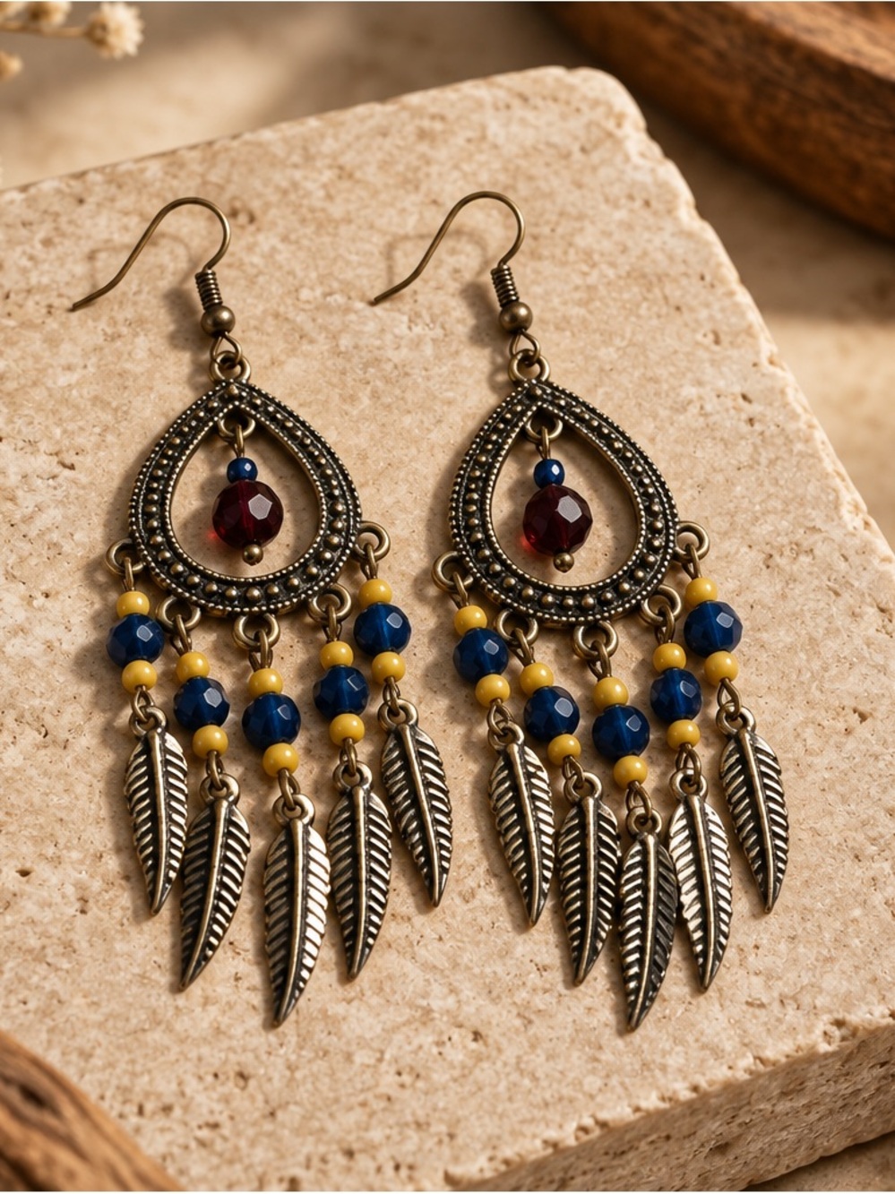 Fashion Jewelry Blue, Yellow & Garnet Dangle Feather Earrings